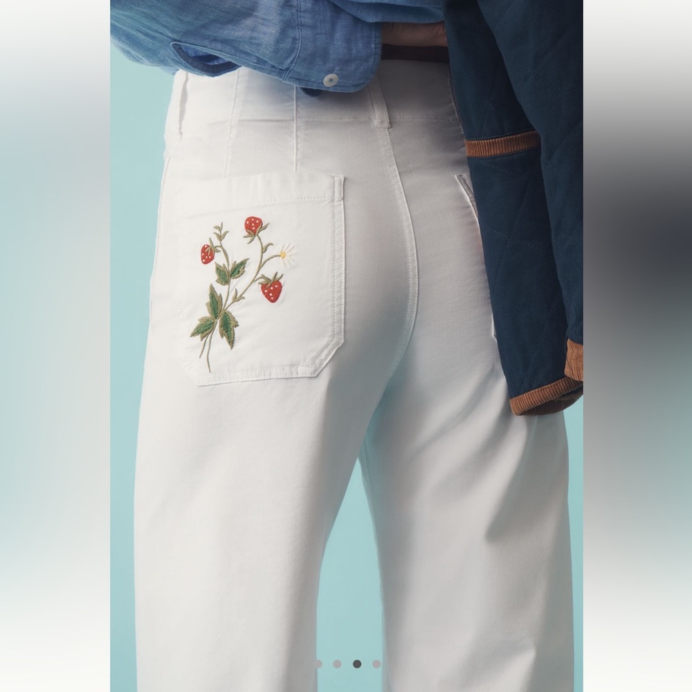 🍓Anthropologie Colette Pants Maeve Cropped Wide Leg Embroidered Strawberry New